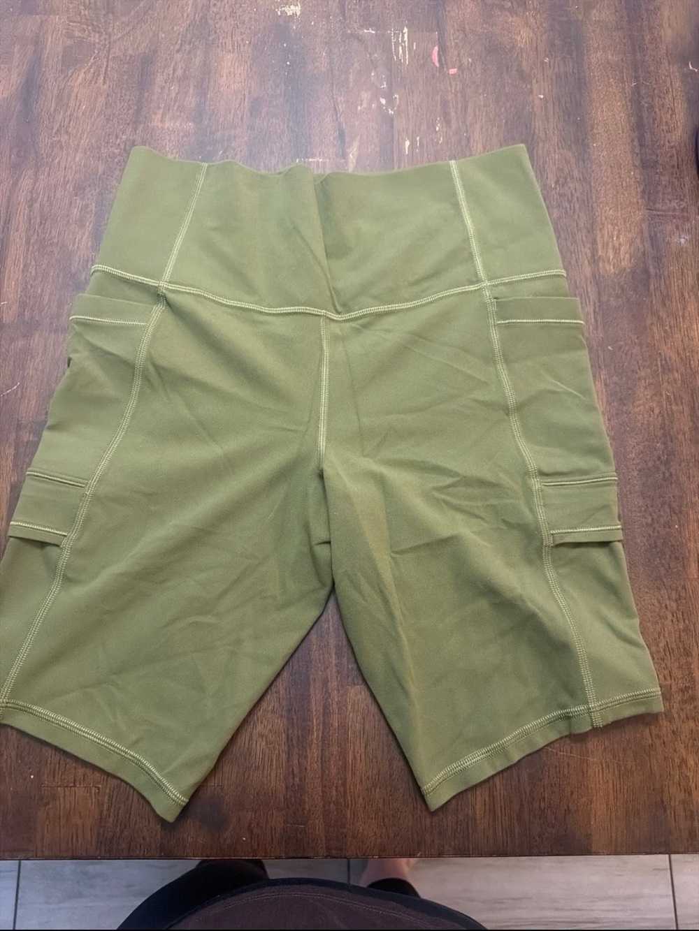 Athleta Olive Green High-Rise Cargo Bike Shorts